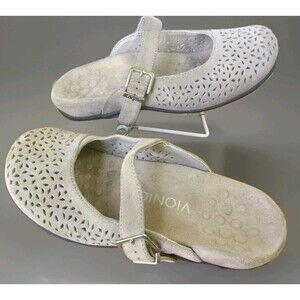 Vionic Lidia Size 6 Leather Slide Greige Perforated Suede EU 37 Clog Mary Jane